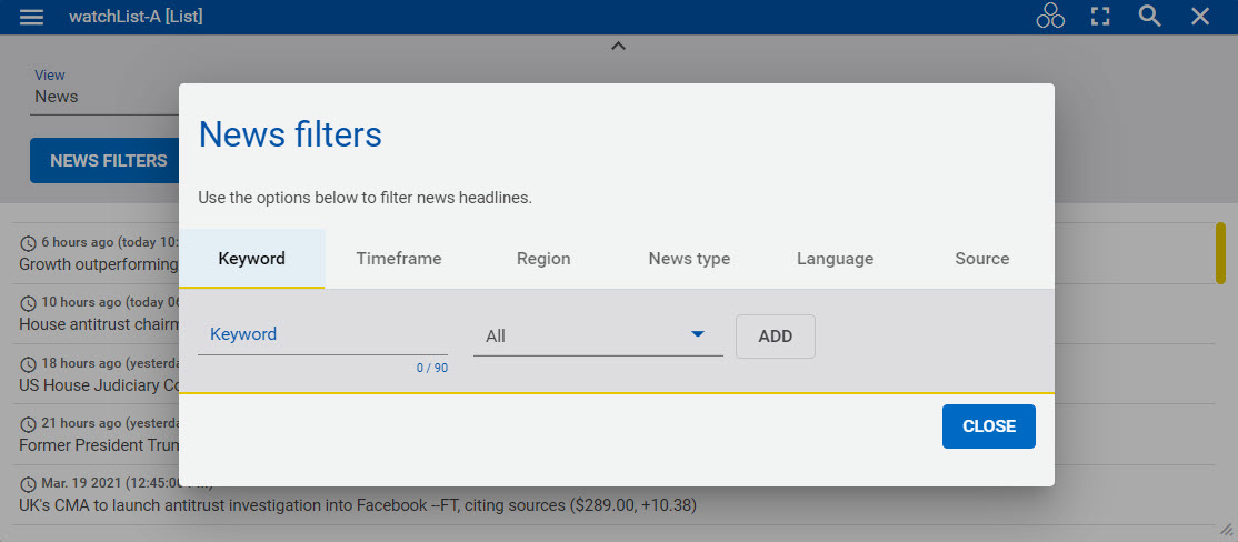 Using "News Filters" to refine your search in the News view.